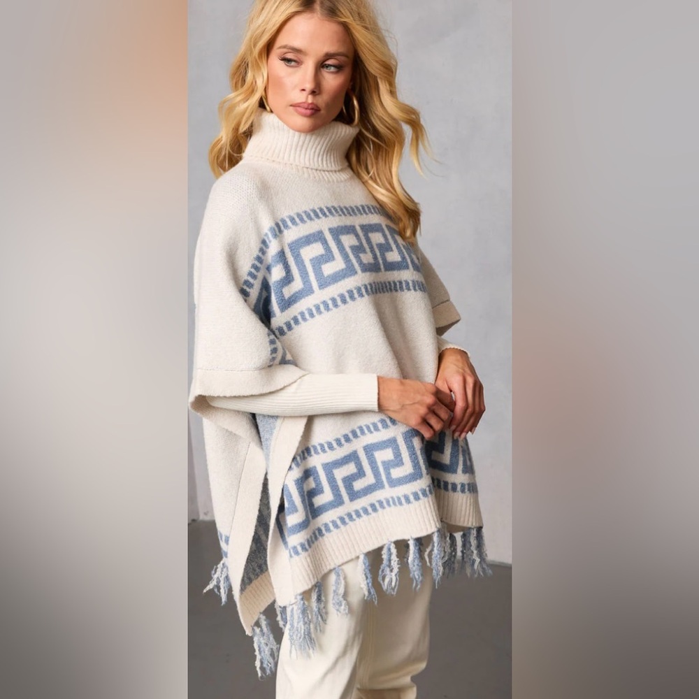 New!  Maly Abstract Fringe Trim Poncho Sweater